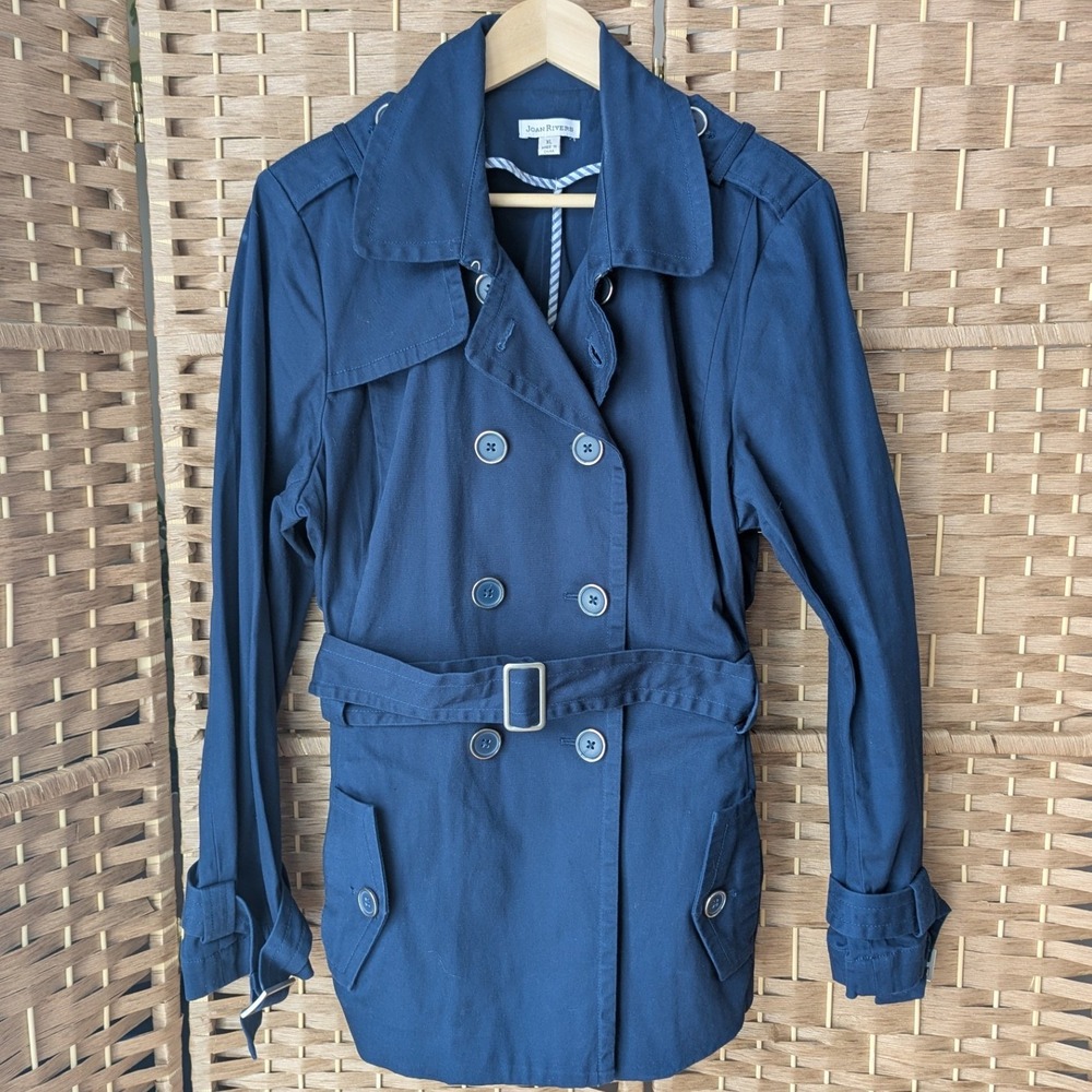 VTG Y2K Joan Rivers Navy Blue Double Breasted Belted Trench Coat Preppy Chic